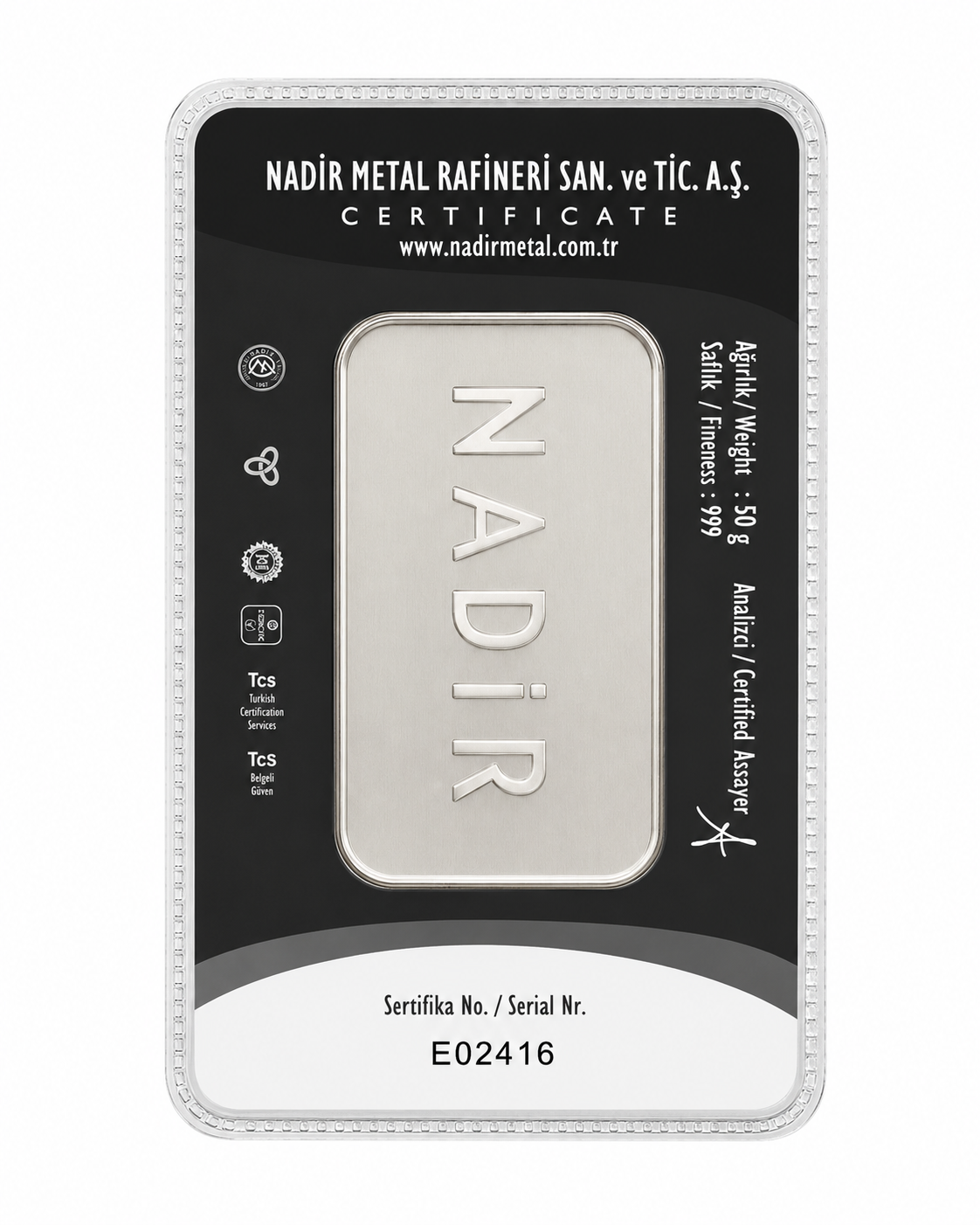 Silver bar with 'Nadir' branding and certification details on a black background