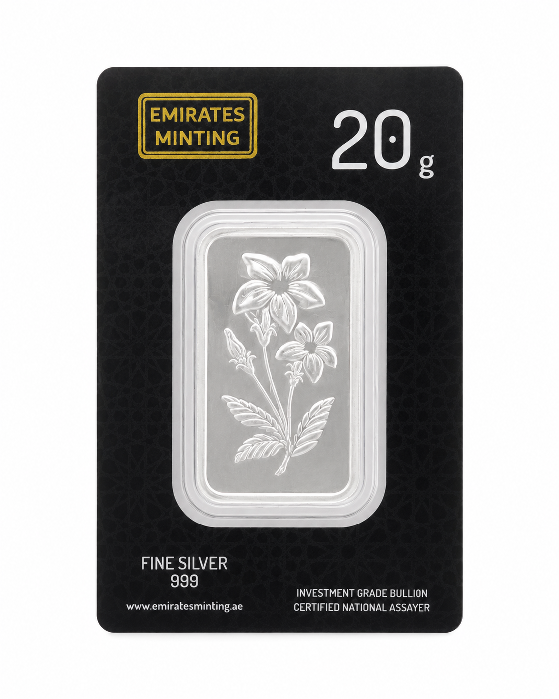 Silver bar with floral design on a black Emirates Minting packaging