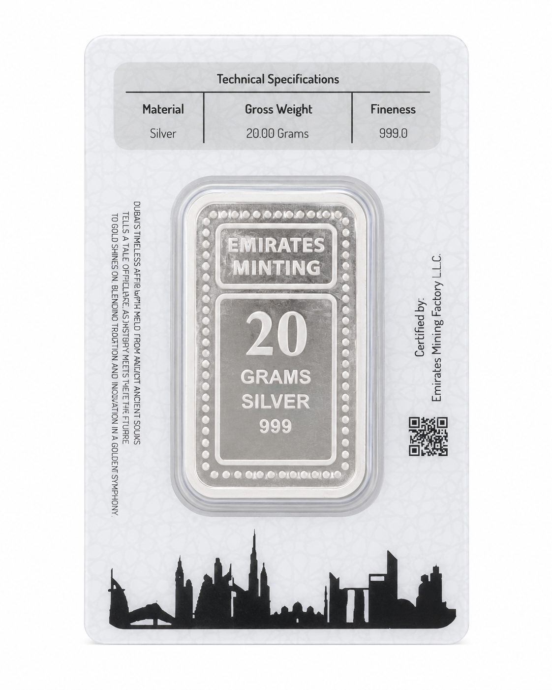 Silver bar packaging with Emirates Minting branding and specifications.