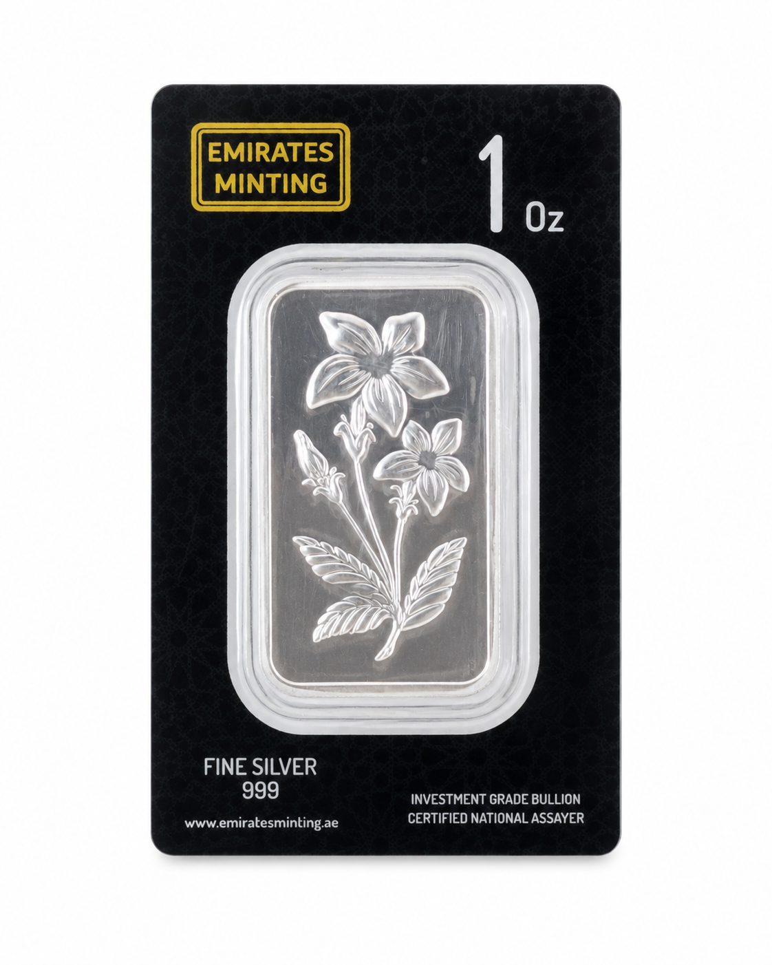 Silver bar with floral design on a black Emirates Minting packaging
