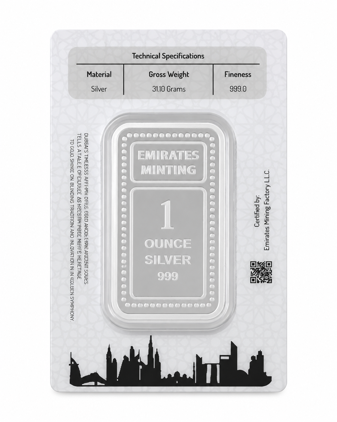 Silver bar packaging with Emirates Minting branding and technical specifications.