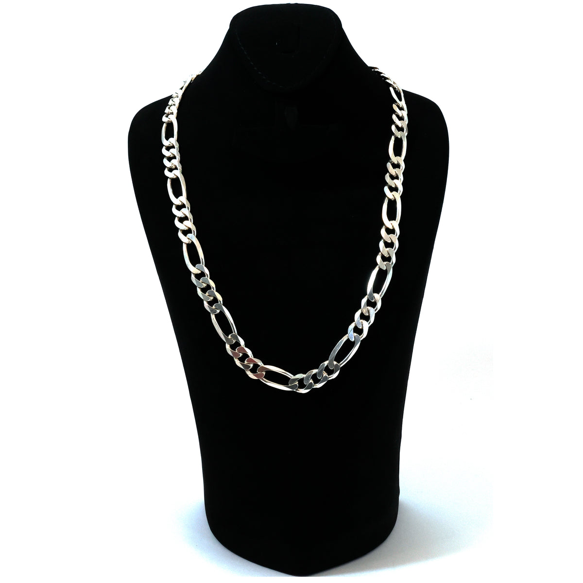 Silver chain necklace on a black mannequin bust against a white background