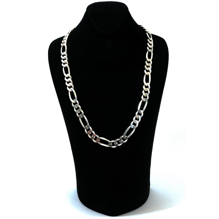Silver chain necklace on a black mannequin bust against a white background