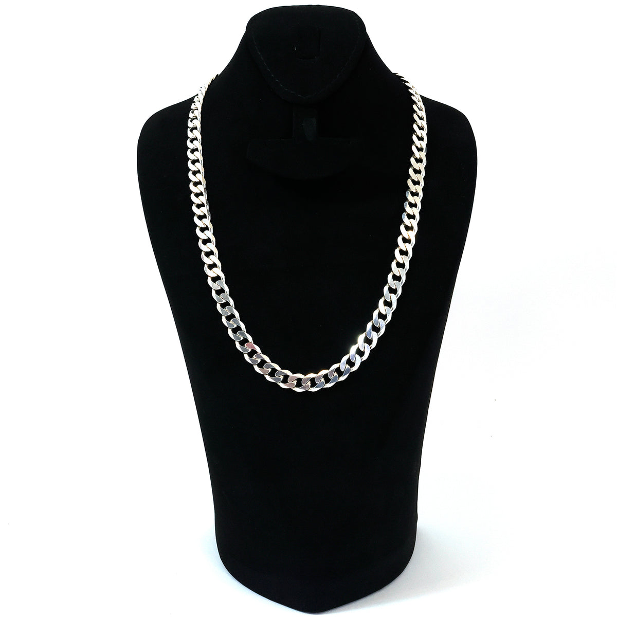 Silver chain necklace on a black mannequin with a white background