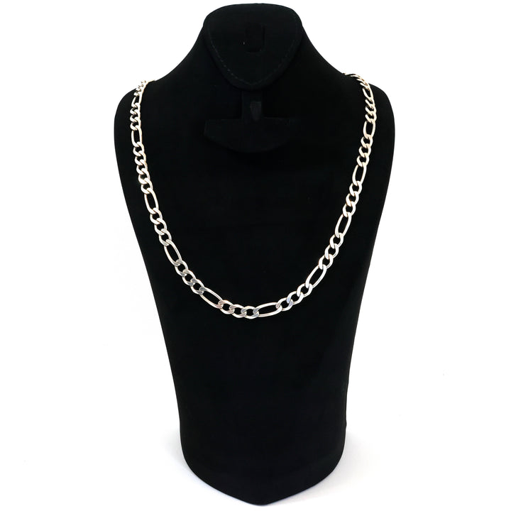 Silver chain necklace on a black mannequin bust against a white background