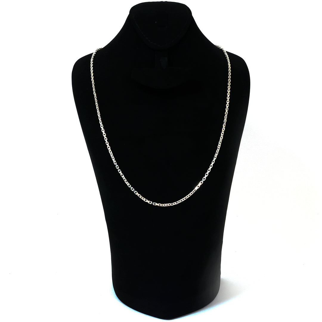 Silver chain necklace on a black mannequin bust against a white background