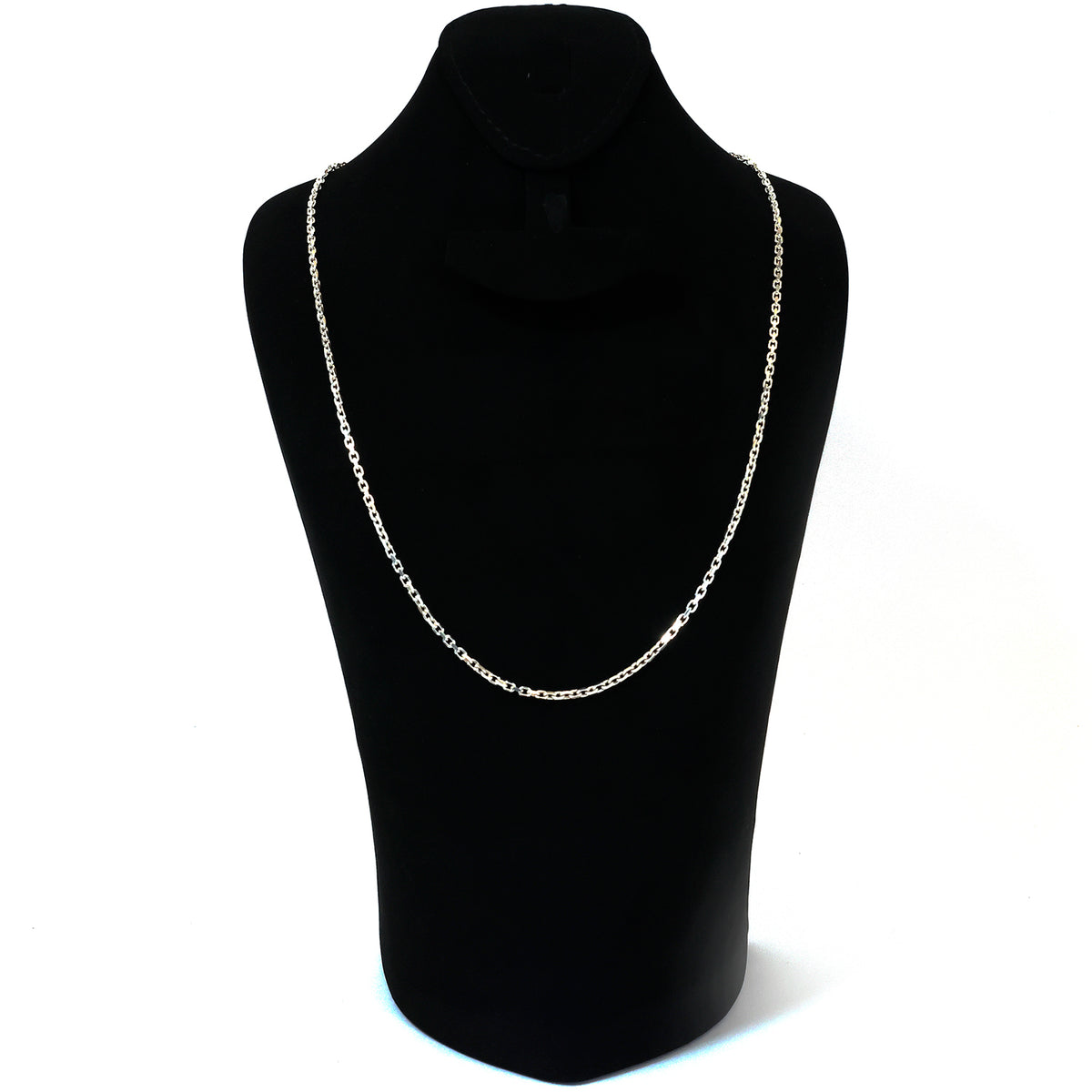 Silver chain necklace on a black mannequin bust against a white background