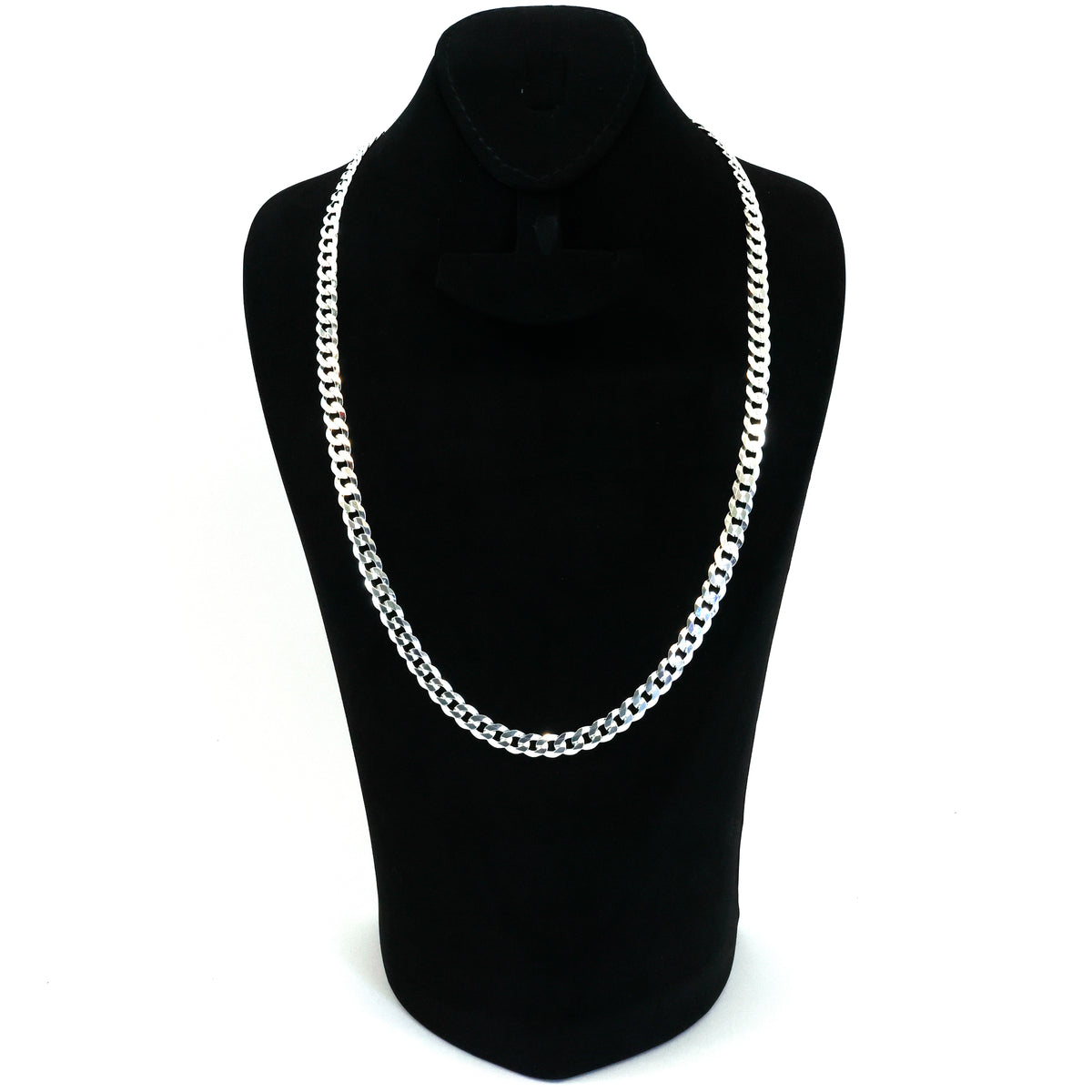 Silver chain necklace on a black mannequin bust against a white background