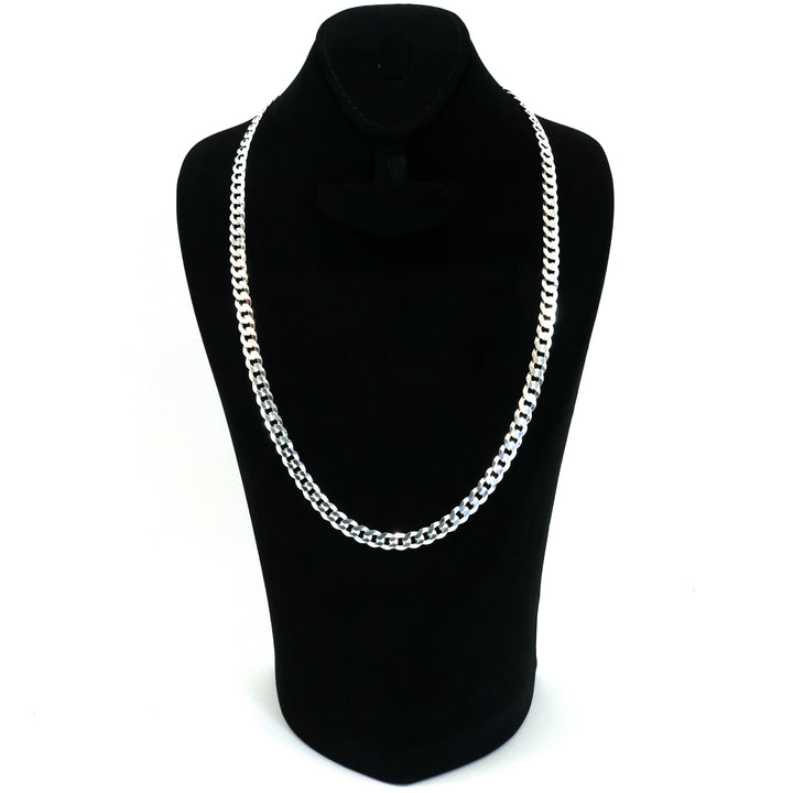 Silver chain necklace on a black mannequin bust against a white background