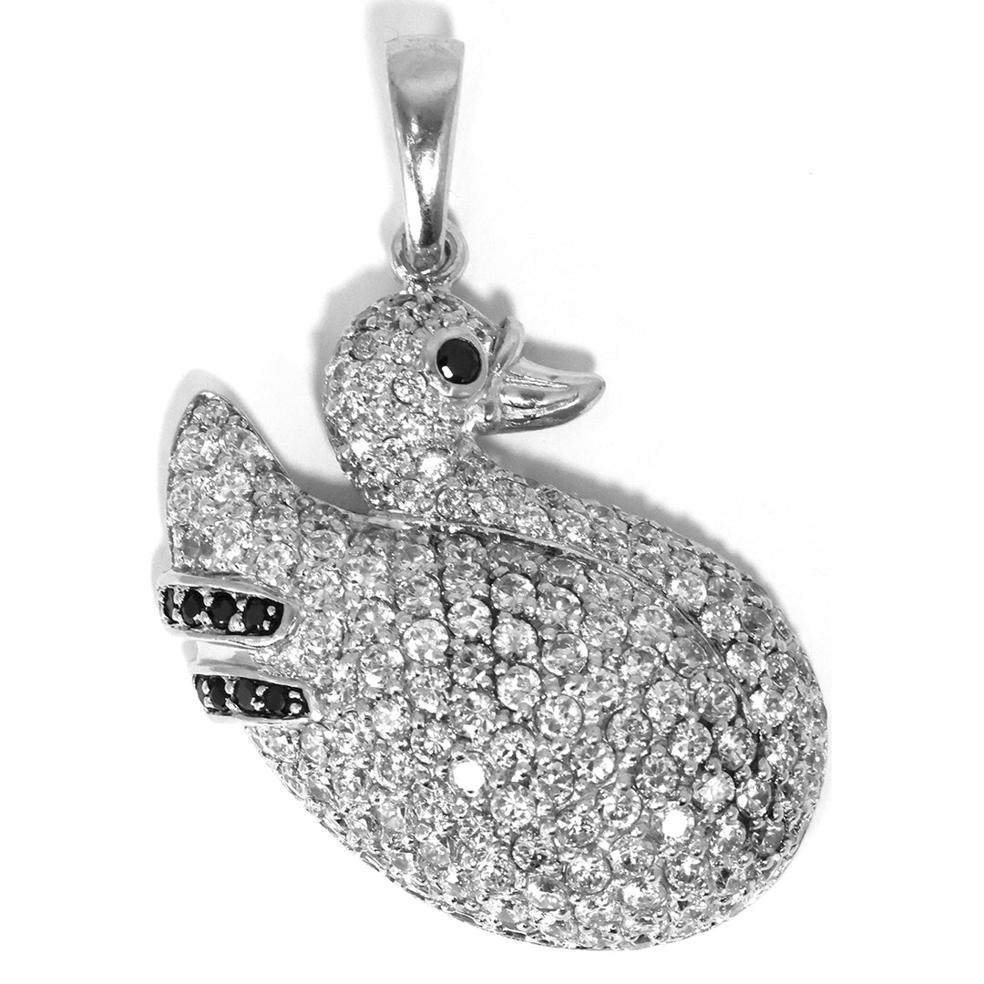 Silver duck-shaped pendant with gemstones on a white background