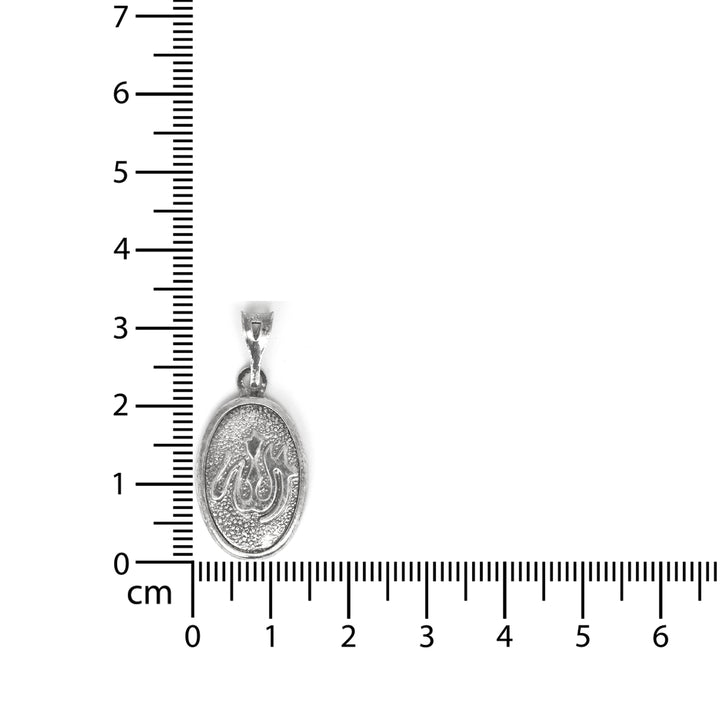 Silver pendant with Arabic text on a ruler for scale