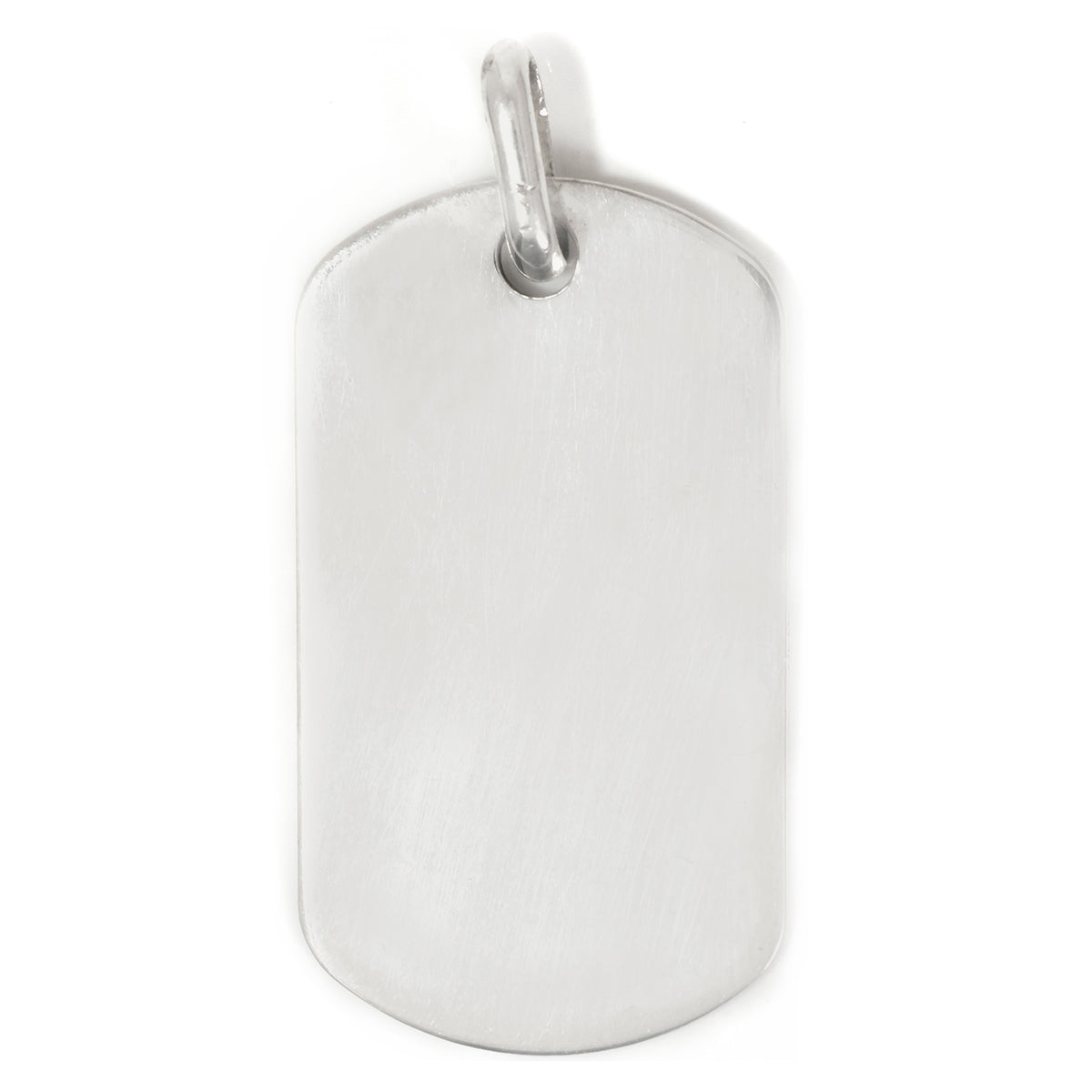 Silver dog tag pendant on a white background