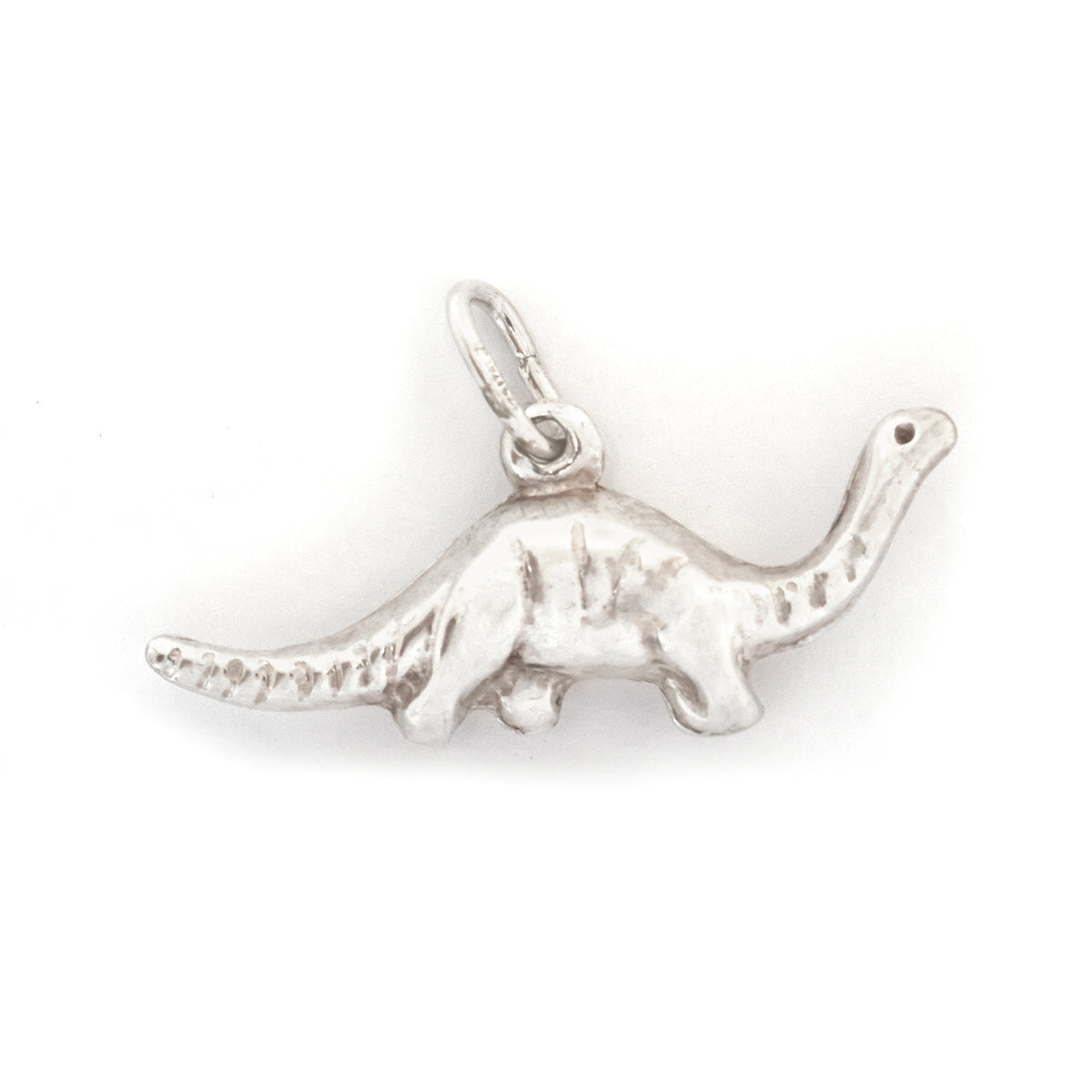 Silver dinosaur pendant on a white background