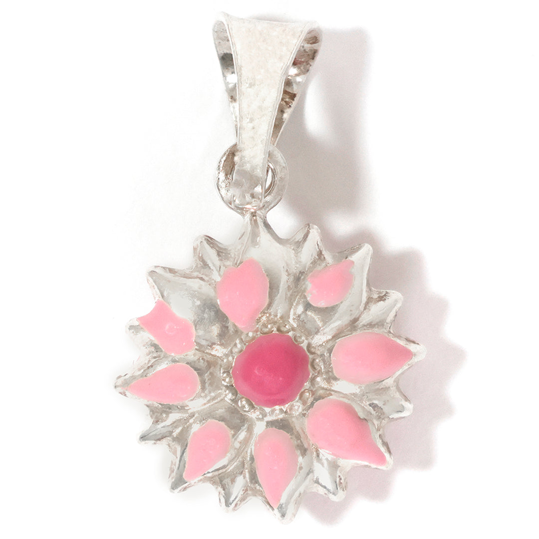 Silver pendant with pink floral design on a white background