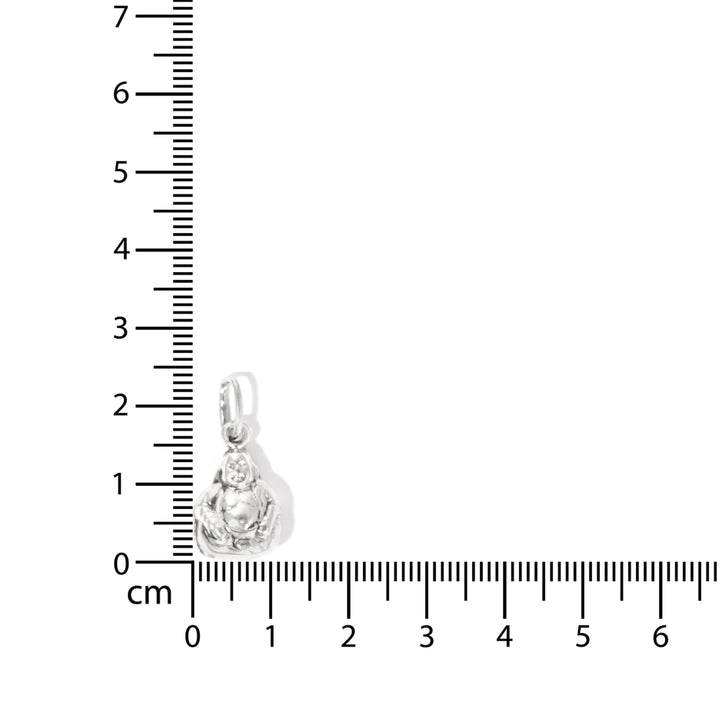 Silver teardrop-shaped pendant next to a ruler on a white background