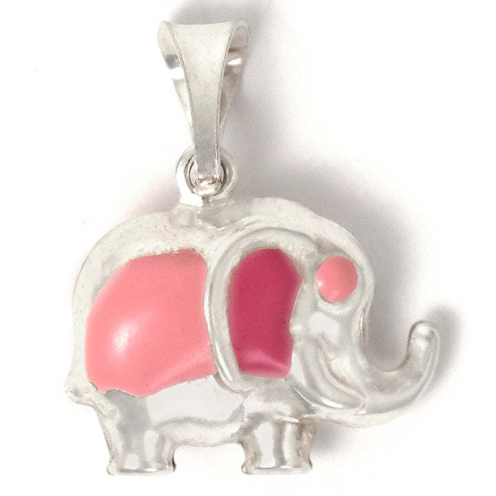 Silver elephant pendant with pink trunk on a white background