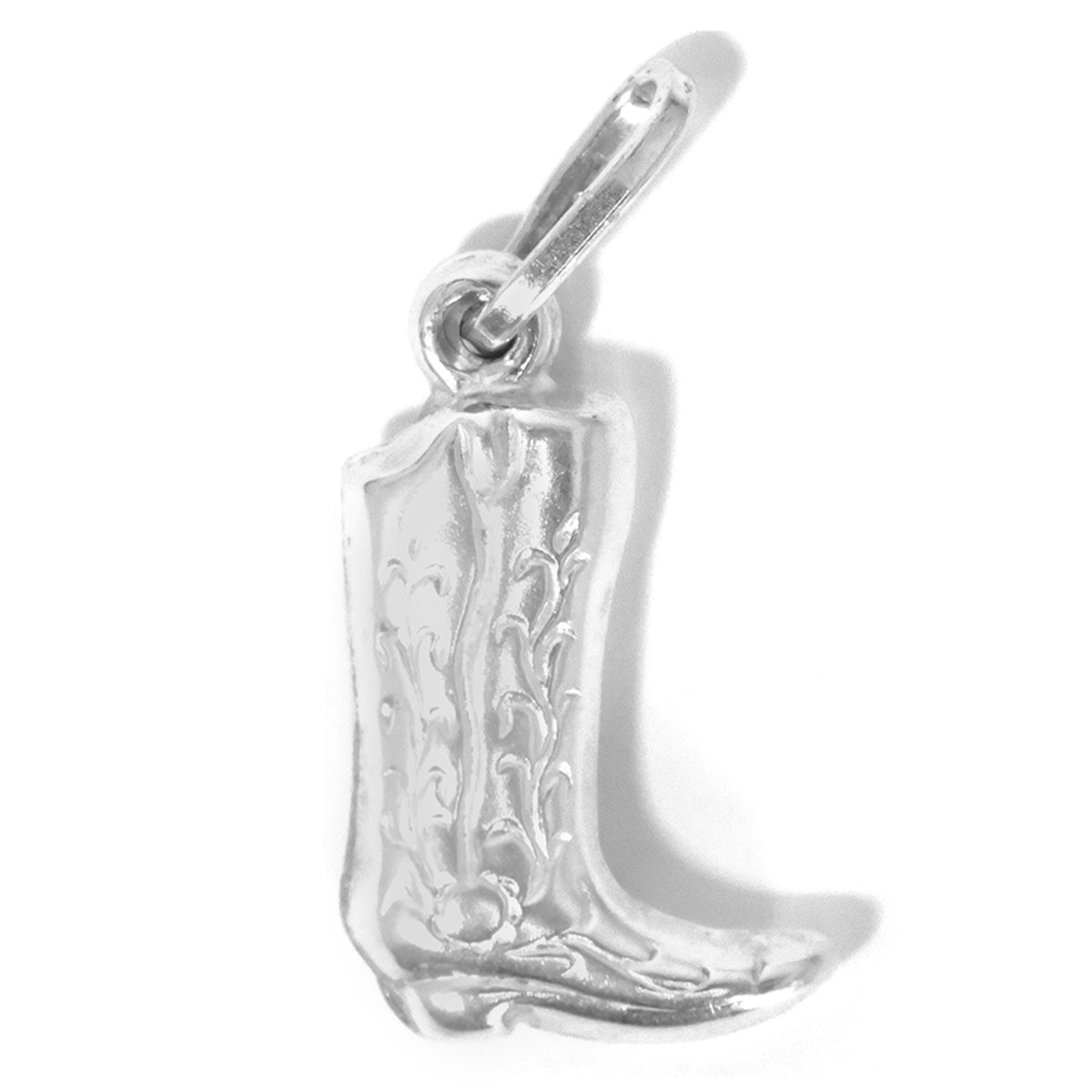 Silver cowboy boot charm on a white background