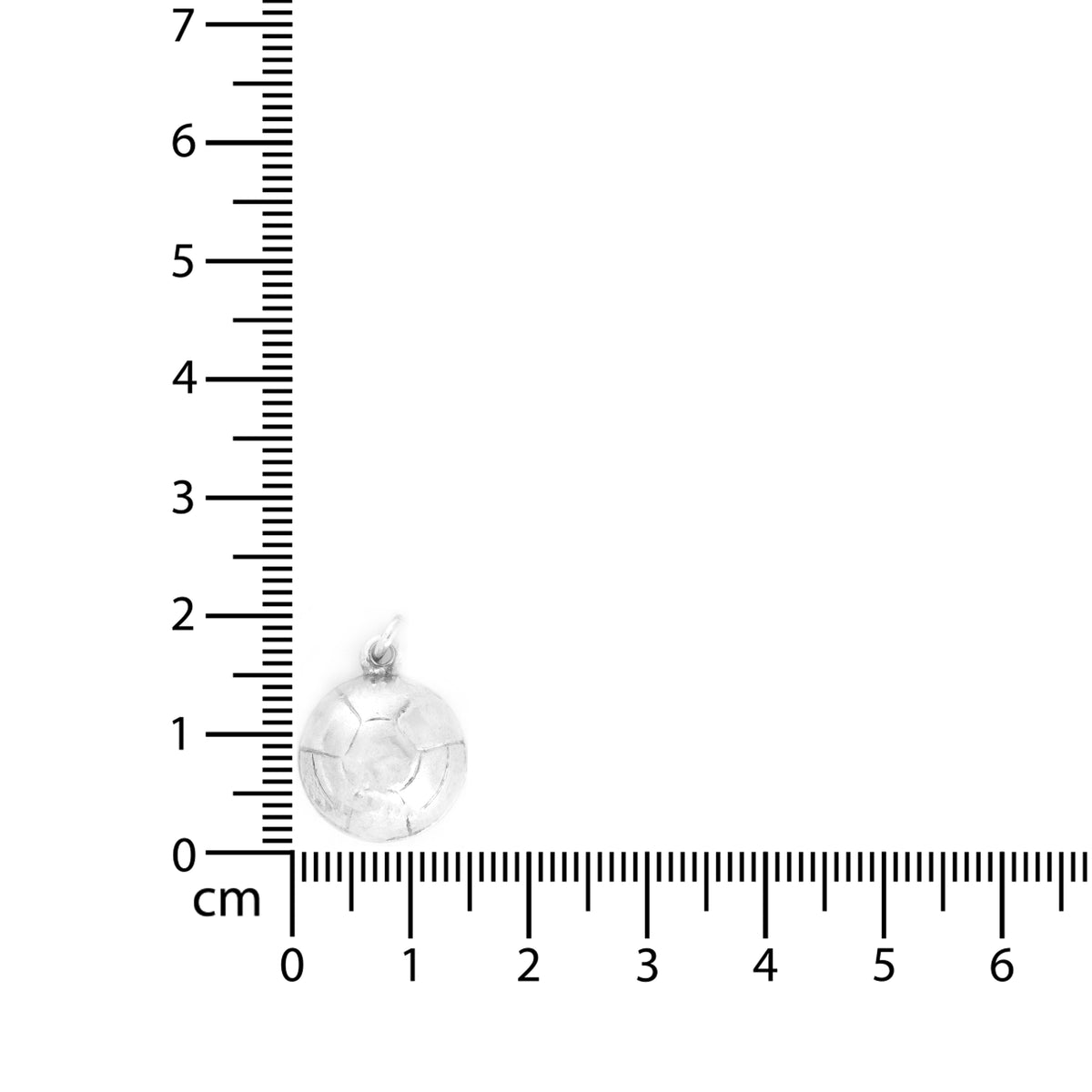 Silver pendant next to a ruler on a white background