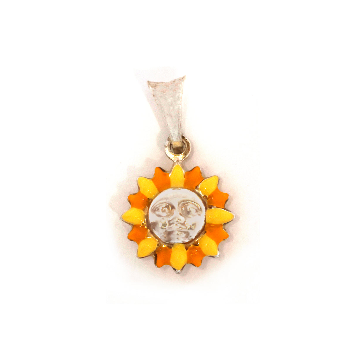 Sun-shaped pendant with a face design on a white background