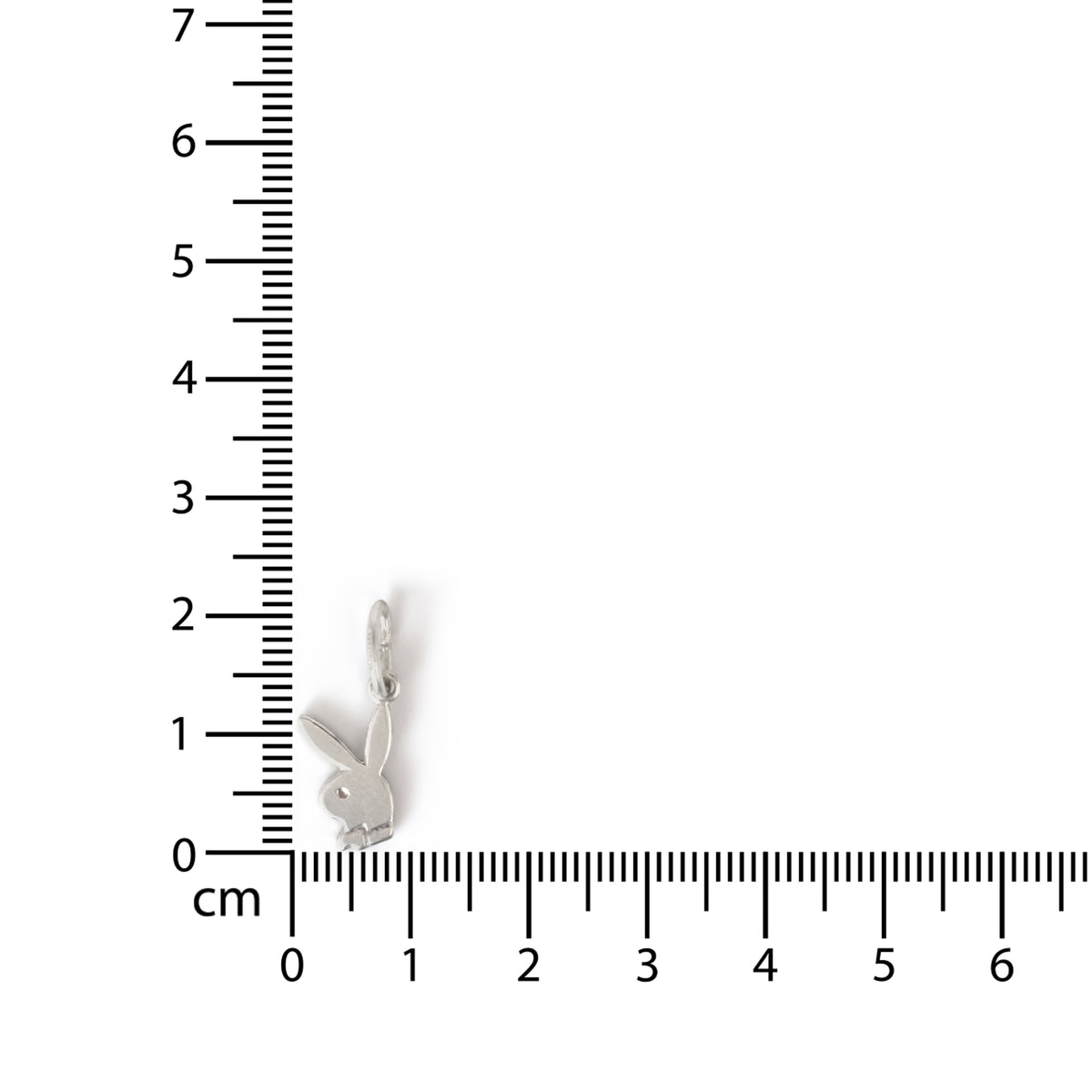 Silver rabbit charm next to a ruler on a white background