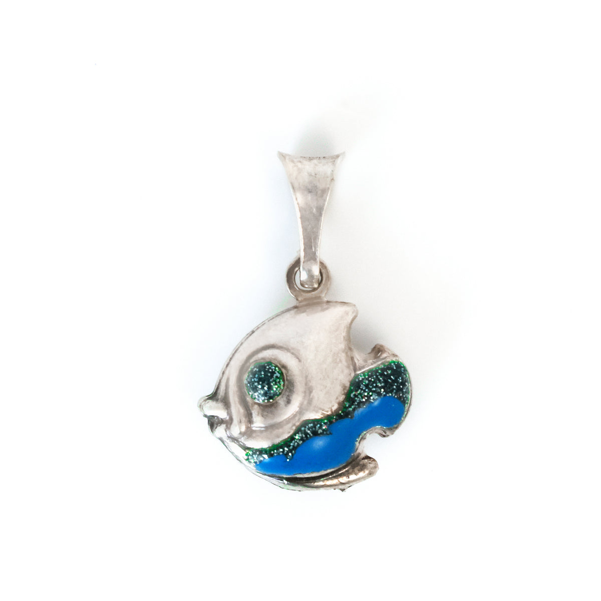 Silver fish pendant with blue and green accents on a white background