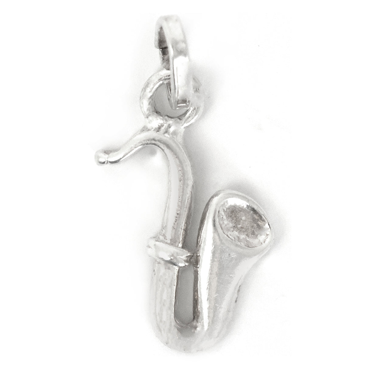Silver saxophone pendant on a white background