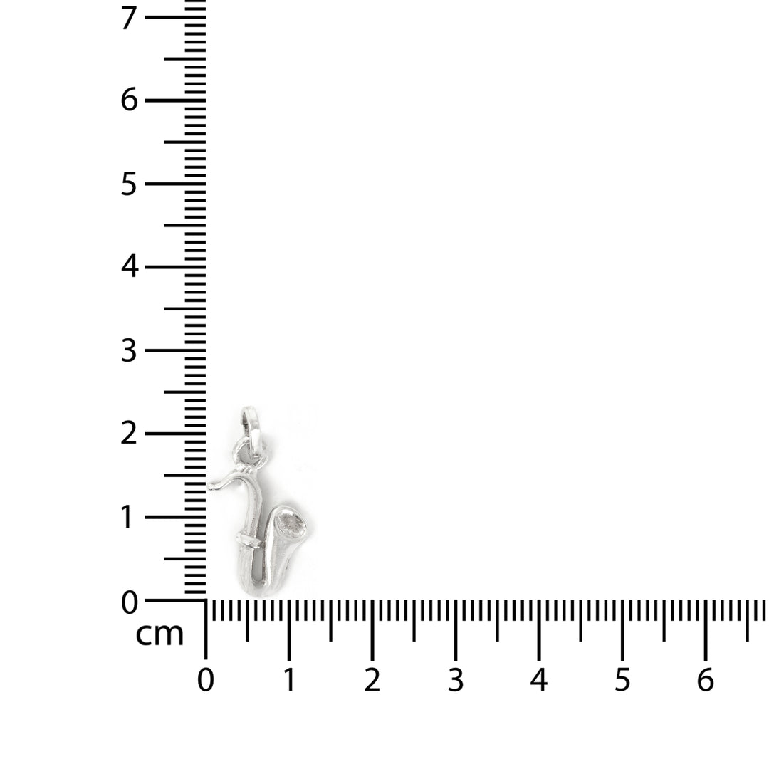 Silver key-shaped pendant next to a ruler on a white background