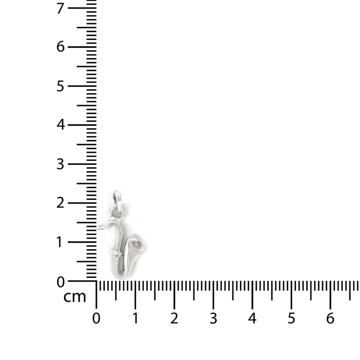Silver key-shaped pendant next to a ruler on a white background