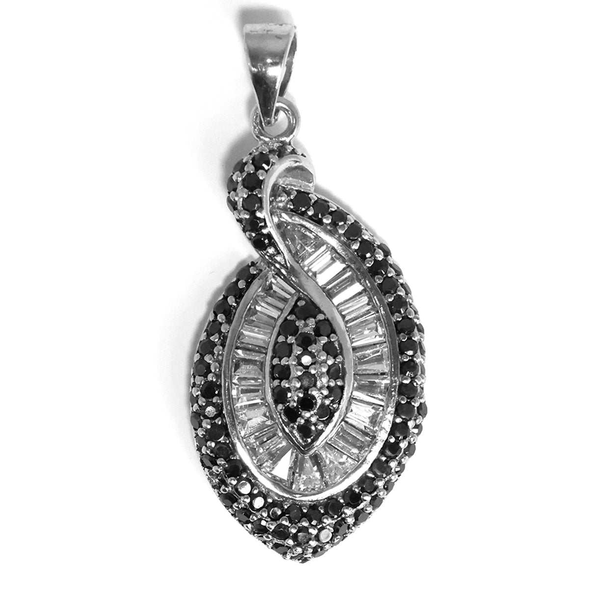 Silver pendant with black and clear gemstones on a white background