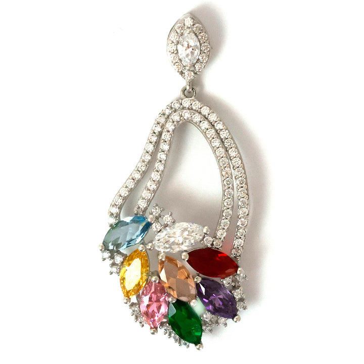 Silver Pendant – Rainbow Marquise Cluster in Teardrop Frame