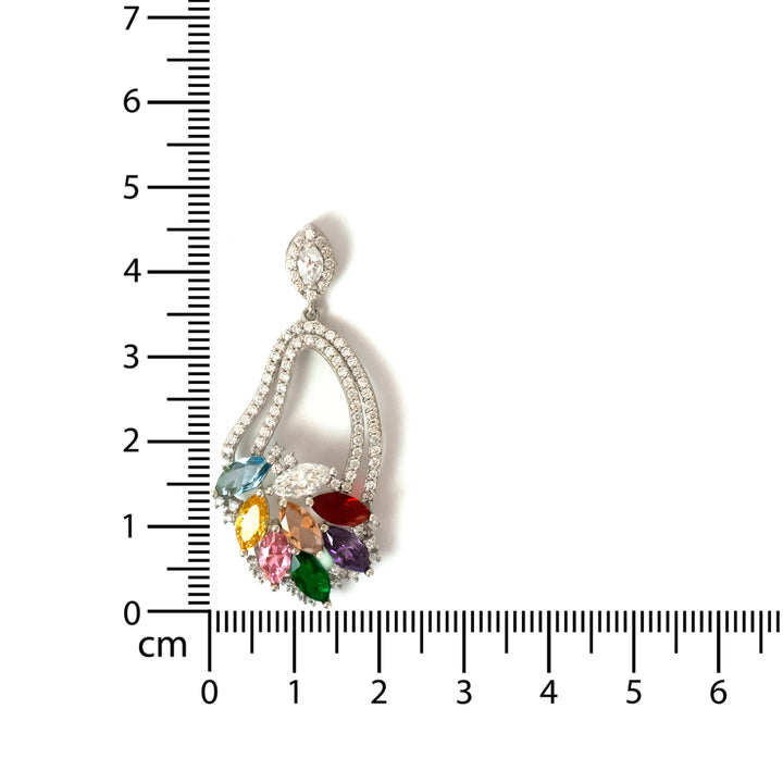 Silver Pendant – Rainbow Marquise Cluster in Teardrop Frame