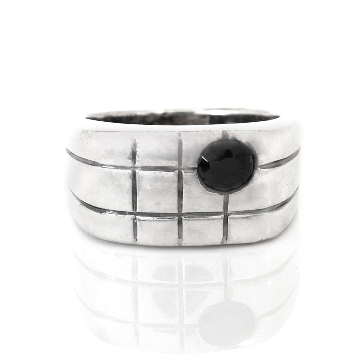 Silver ring with a black gemstone on a white background