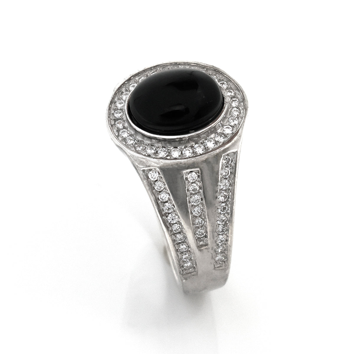Silver ring with a black gemstone and diamond accents on a white background