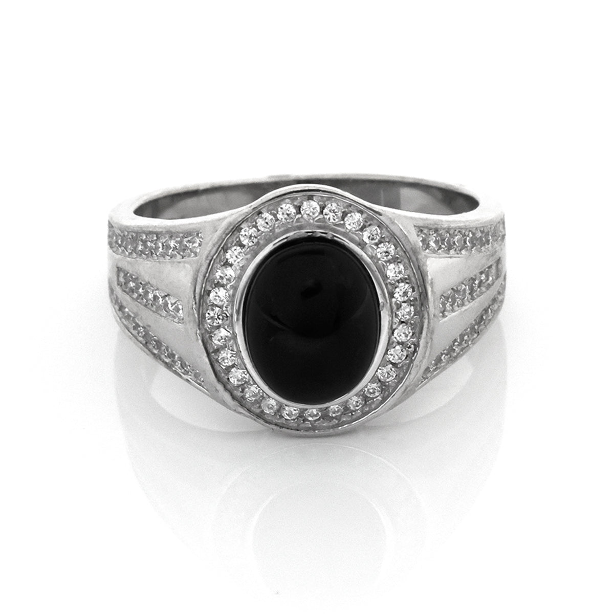 Silver ring with a black gemstone and diamond accents on a white background