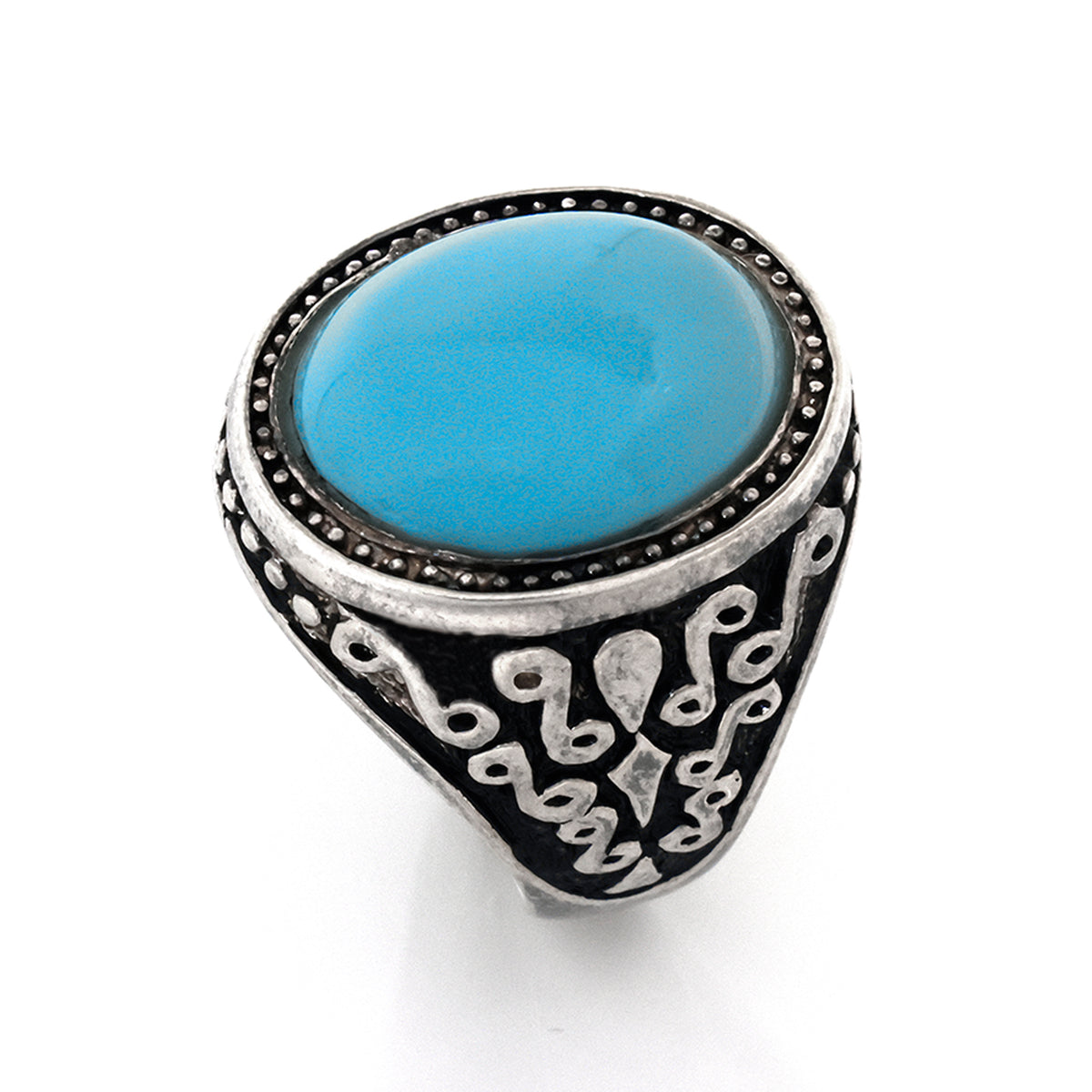 Silver ring with a blue stone on a white background