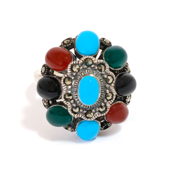 Silver Ring – Multicolor Oval Cluster Design