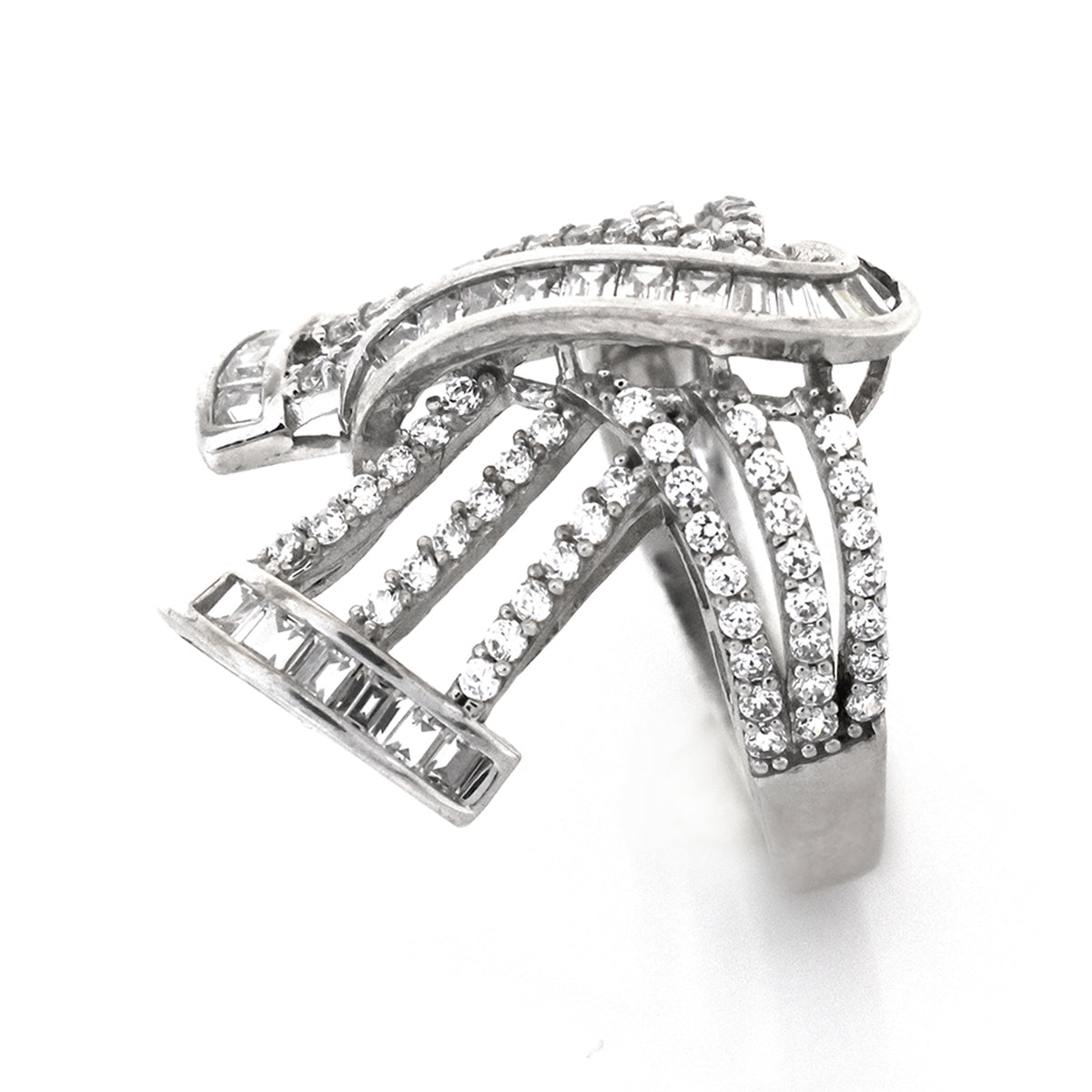 Silver ring with diamond accents on a white background