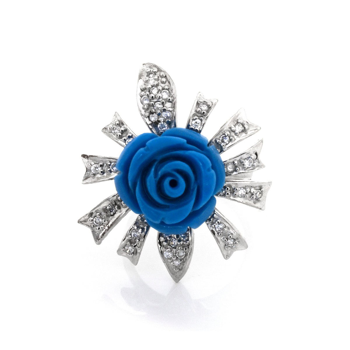 Brooch with blue rose center and silver decorative elements on a white background
