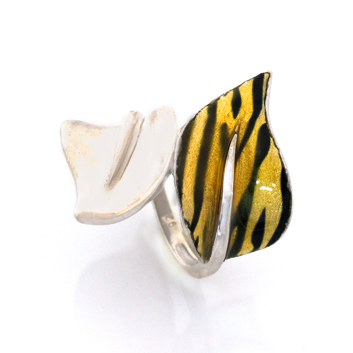 Two leaf-shaped earrings, one white and one with black and gold stripes, on a white background.