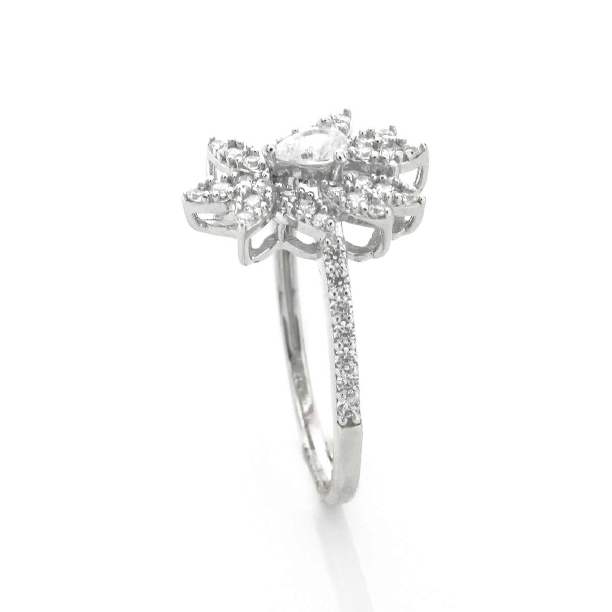 Silver butterfly ring with gemstones on a white background