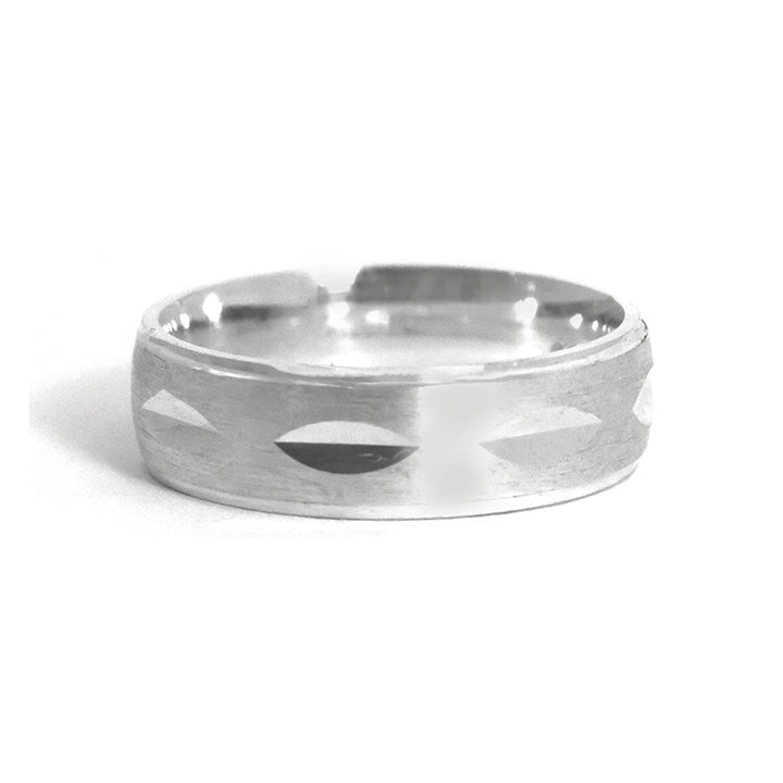 Silver ring with geometric design on a white background