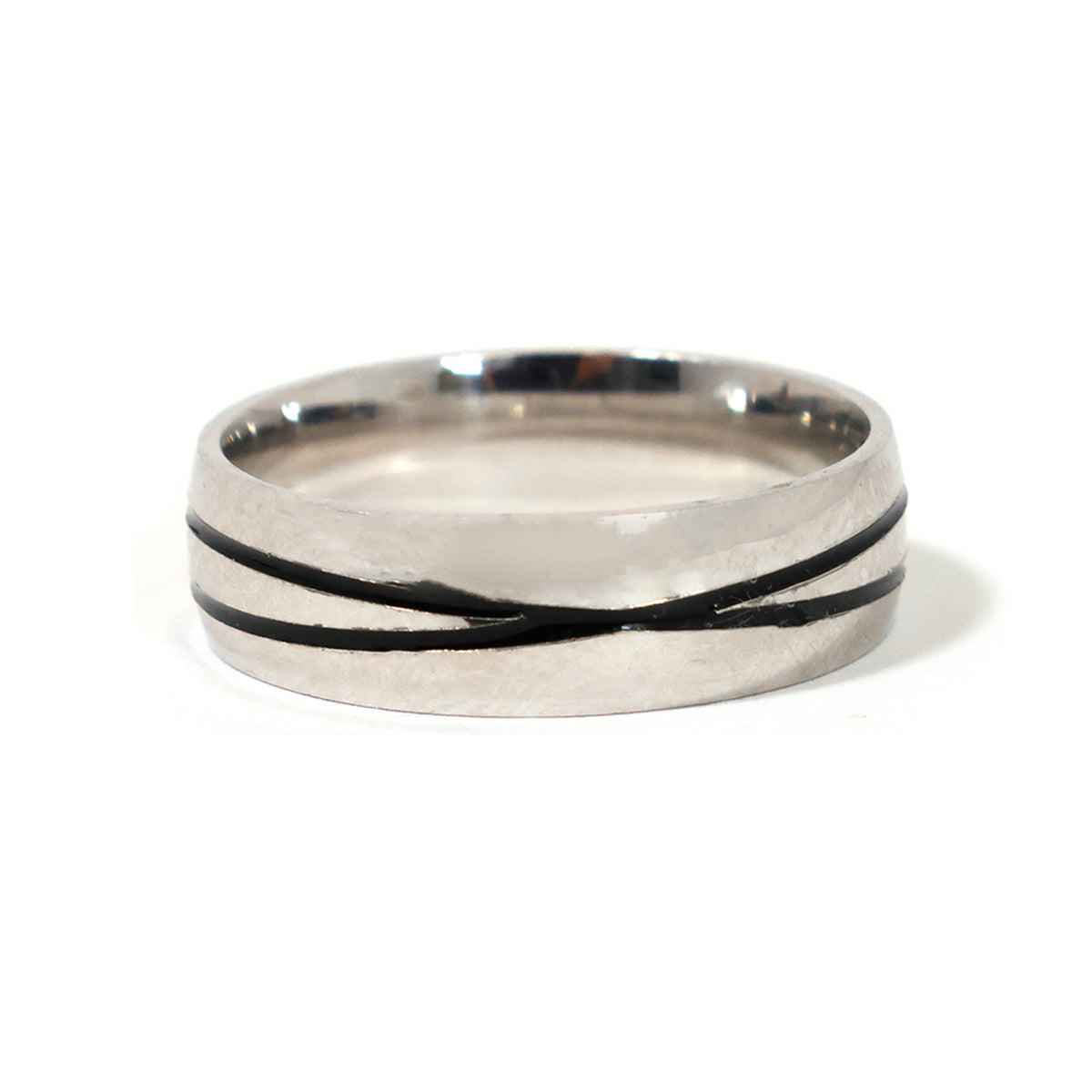 Silver ring with black inlay on a white background