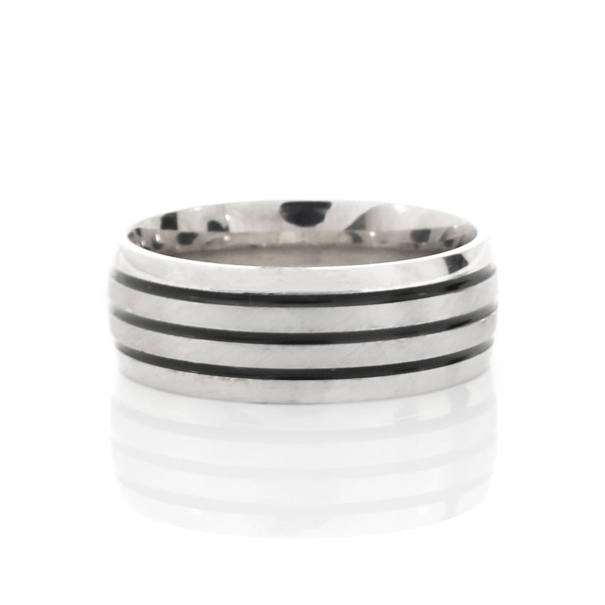 Silver ring with three horizontal stripes on a white background