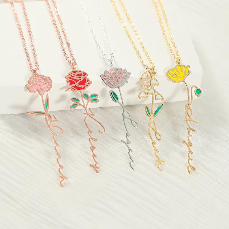 Personalized 18K Real Gold Birth Month Flowers Necklace